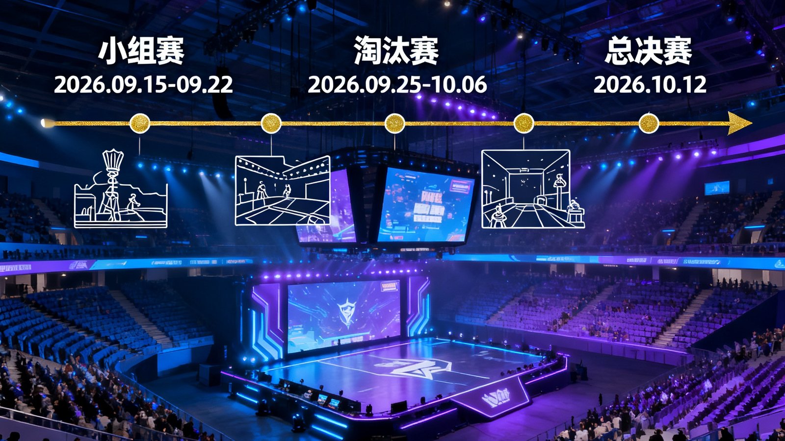 2026年EWC英雄联盟赛事日程安排表，展示从小组赛到总决赛的完整对阵时间线，背景为利雅得电竞馆内景效果图。